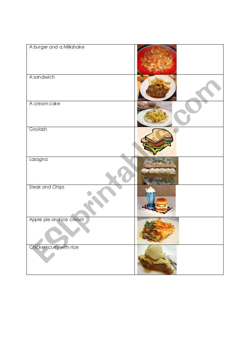 Food matching- In a resturant worksheet
