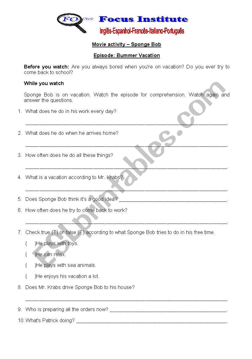 Movie activity - Sponge Bob worksheet