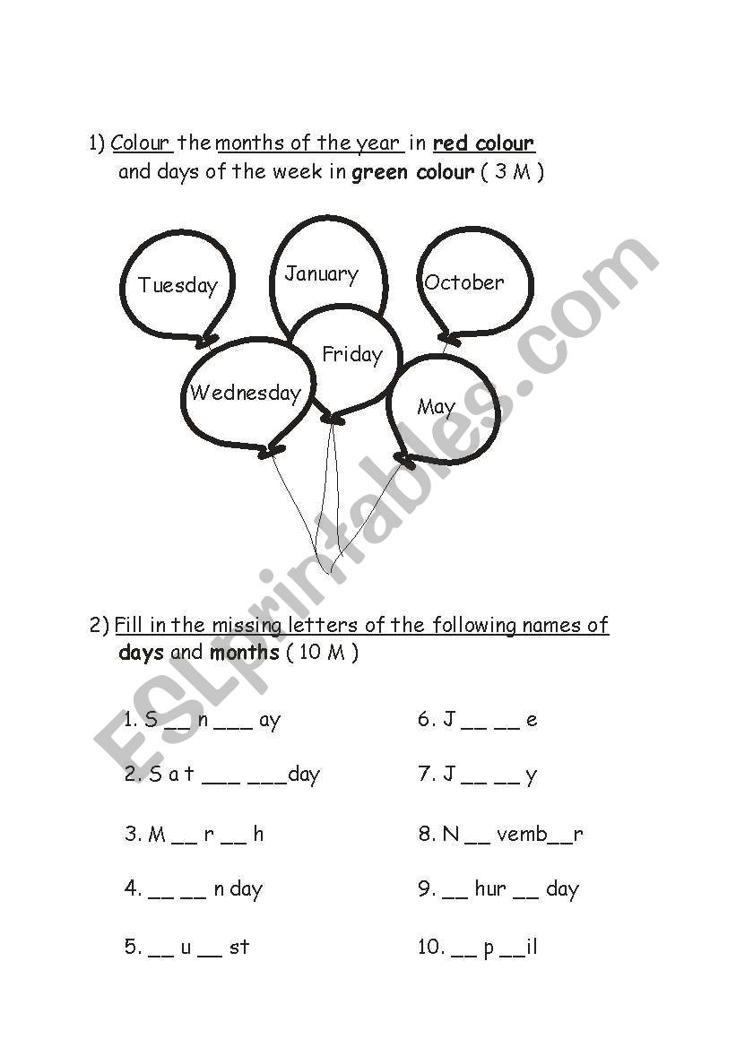 month and days worksheet