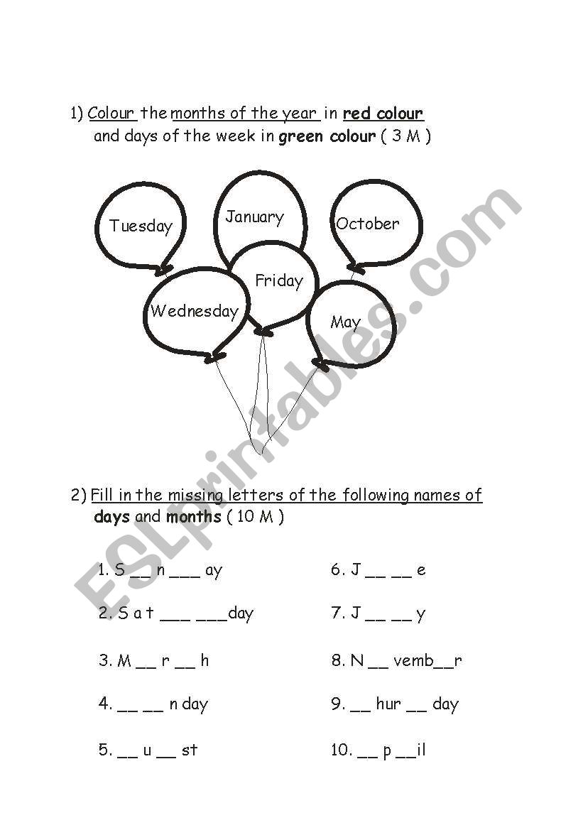 English worksheets: month and days