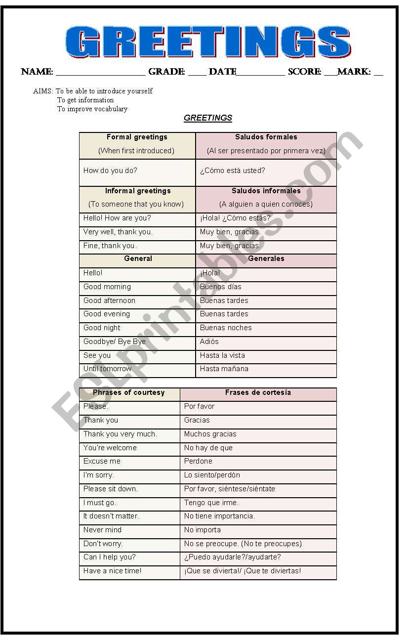 Greetings worksheet