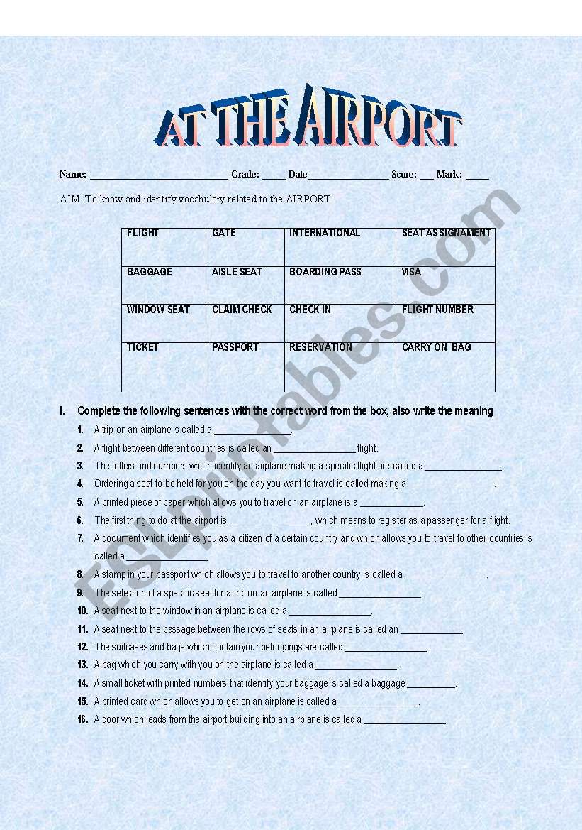 At the airport worksheet