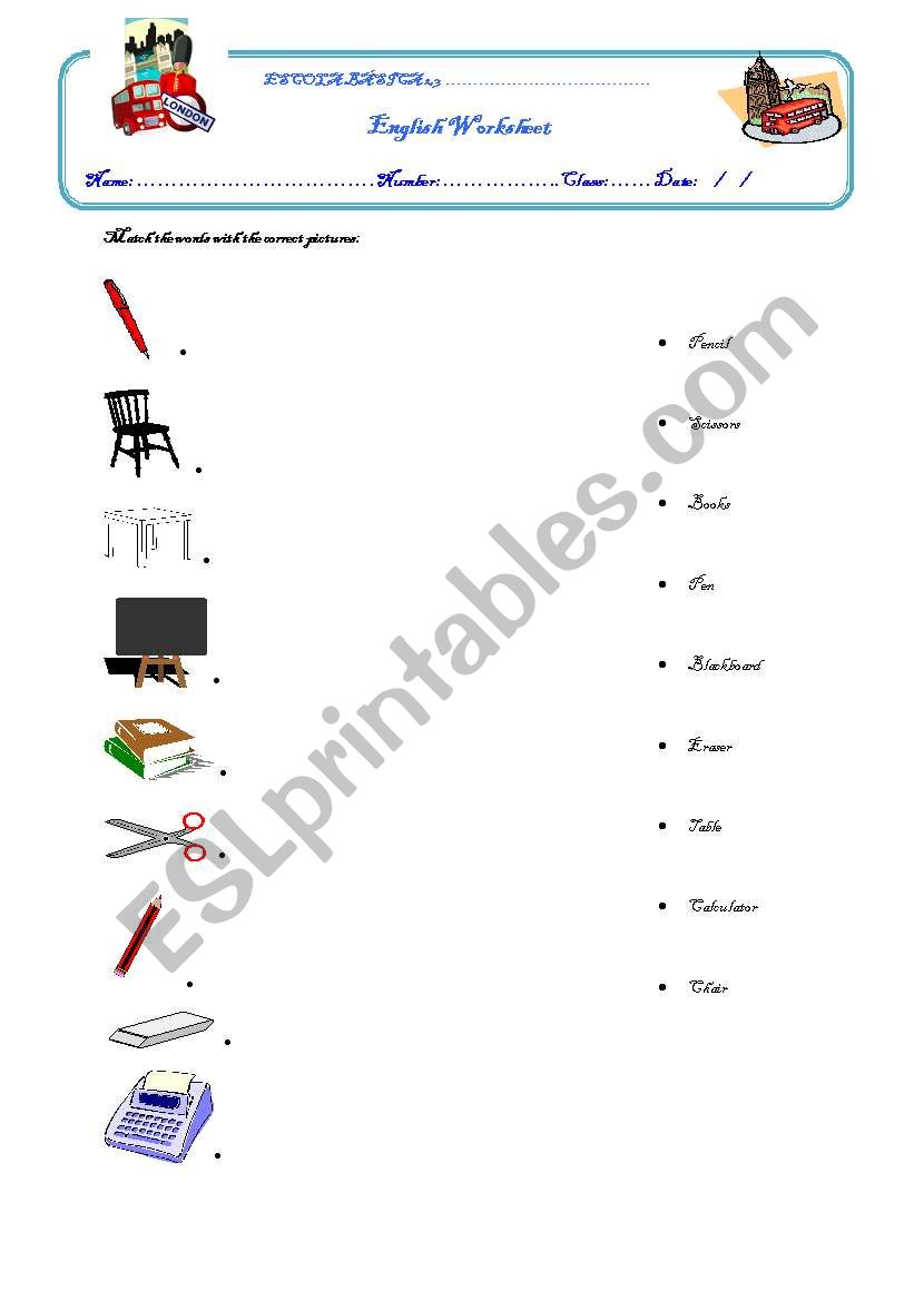 Classroom objects worksheet