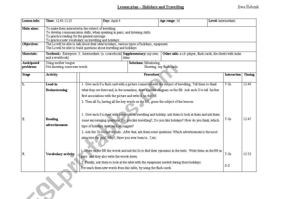 travelling worksheet