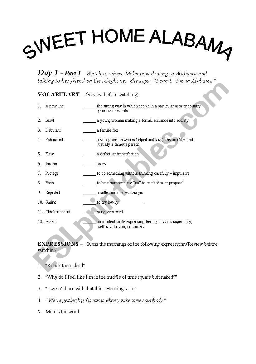 Sweet Home Alabama - 7 part worksheets