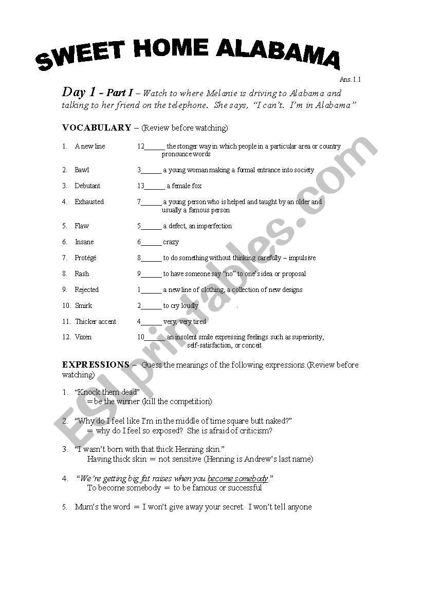 Movie Worksheet - Sweet Home Alabama -Day 1 answer sheet