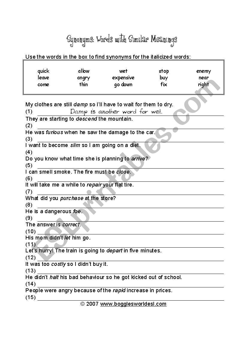 synonyms worksheet