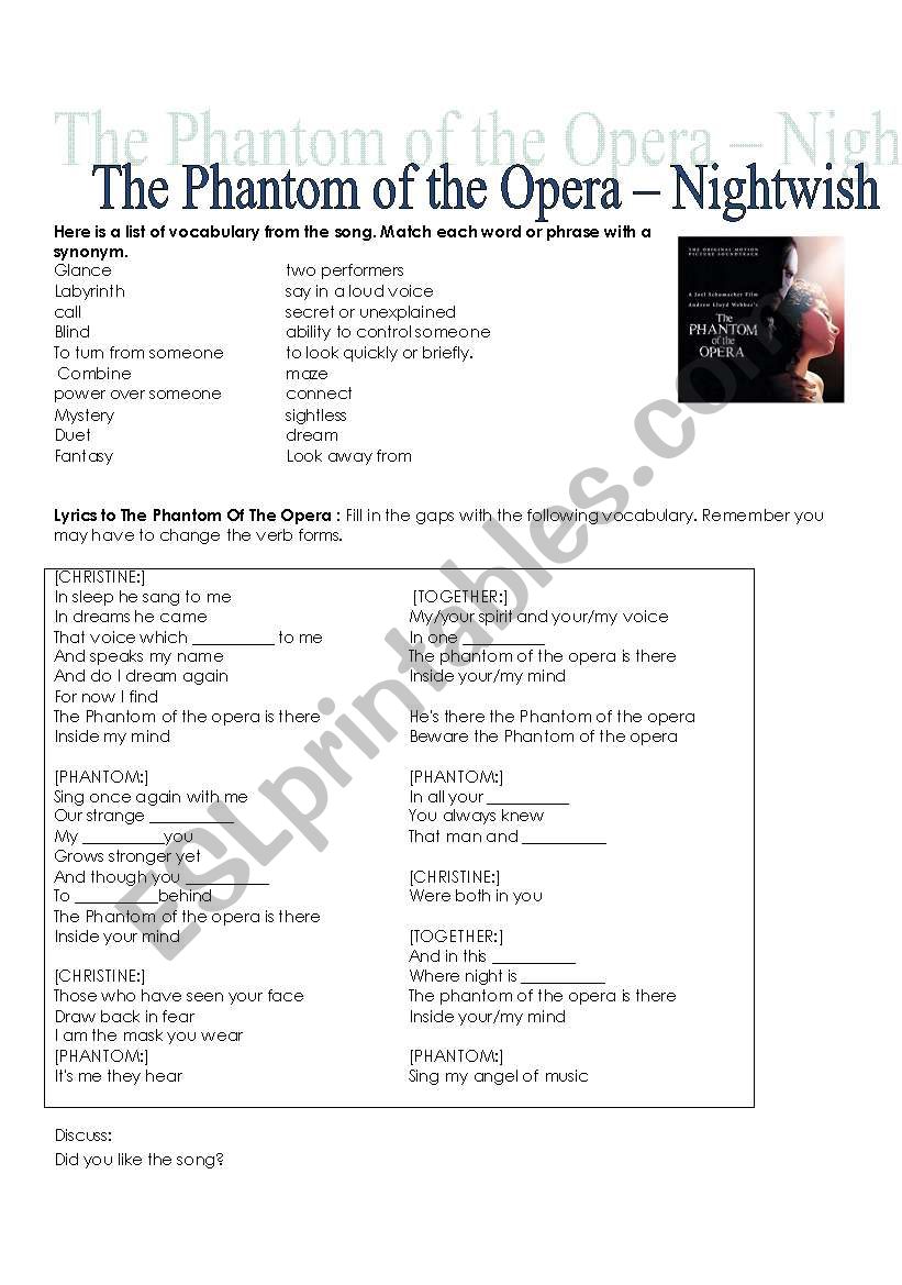 Phantom of the opera song worksheet