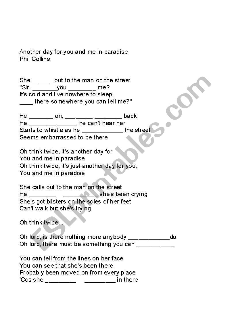 Phil Collins Song Gap fill worksheet