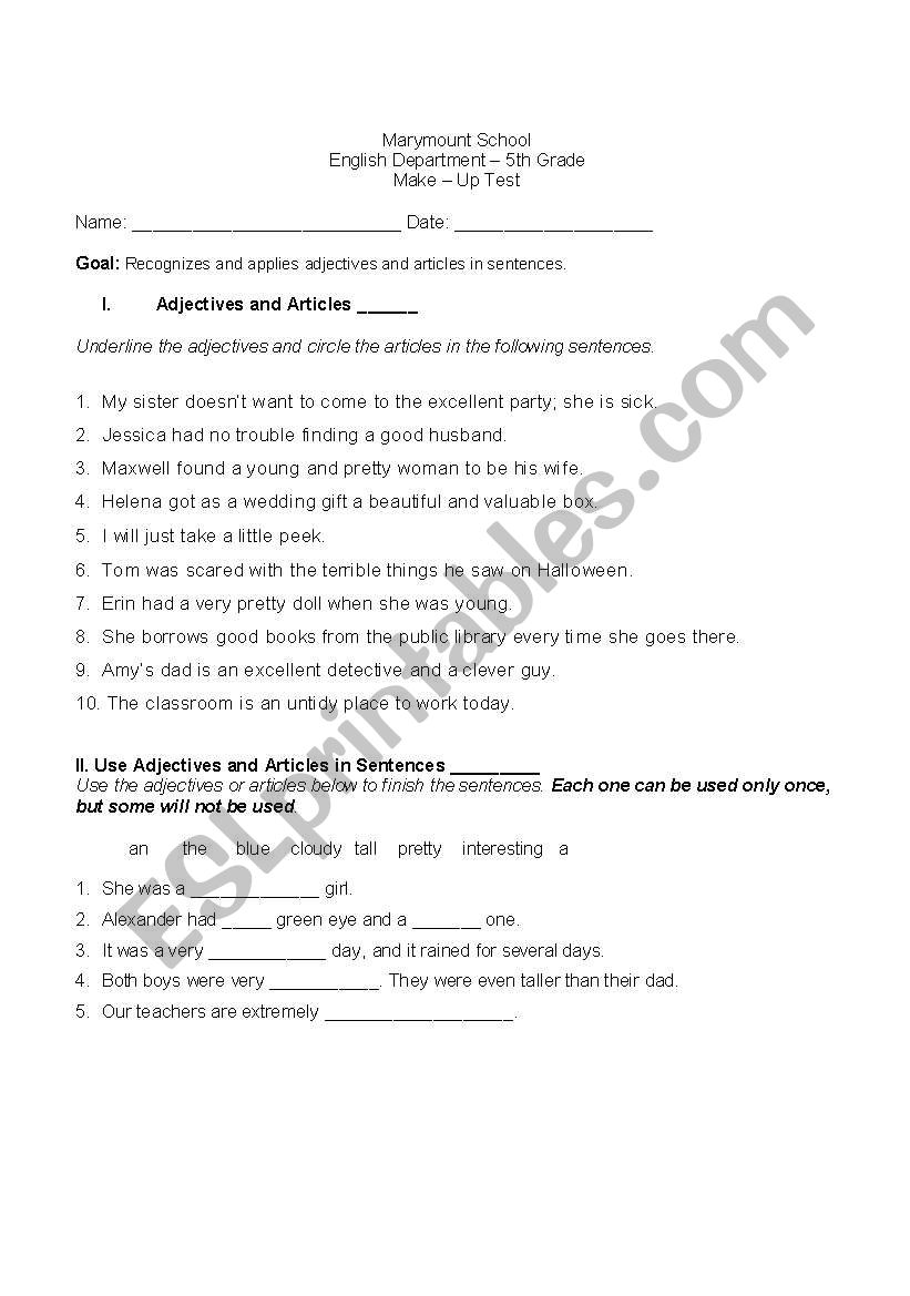 Adjectives and articles worksheet