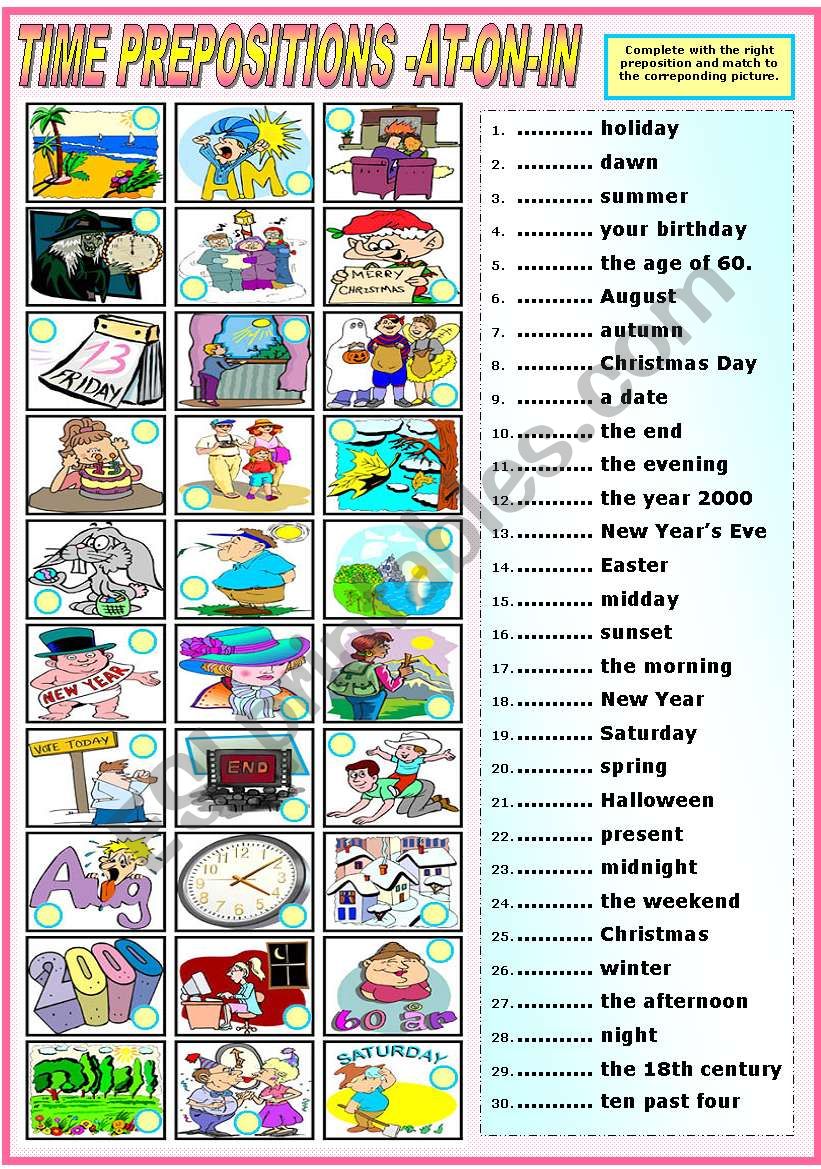 TIME PREPOSITIONS - AT - ON - IN -MATCHING EXERCISE (B&W VERSION INCLUDED)