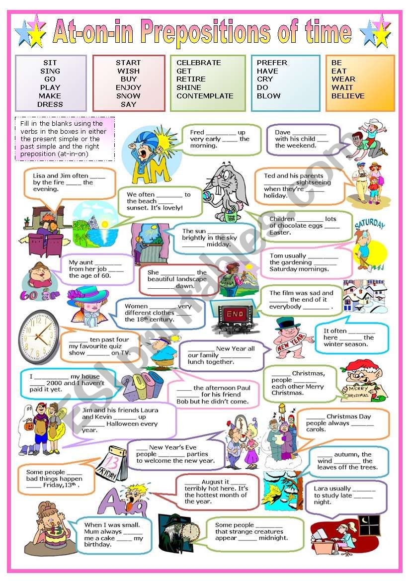 TIME PREPOSITIONS - AT - ON - IN + PRESENT SIMPLE-PAST SIMPLE (B&W VERSION INCLUDED)