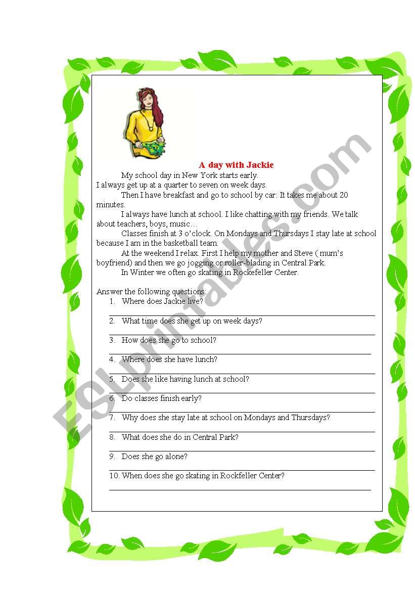Jackies daily routine worksheet