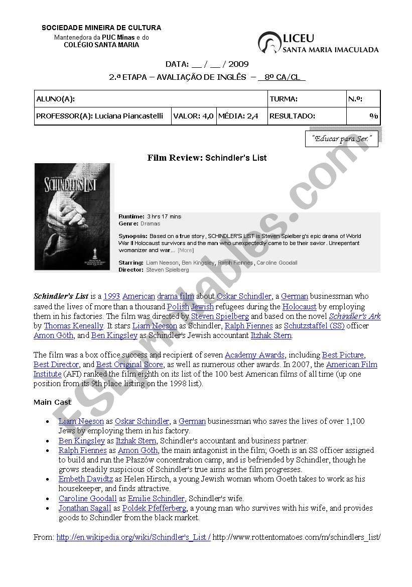 Film review: Schindlers list worksheet