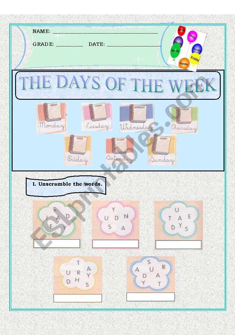 days of the week worksheet