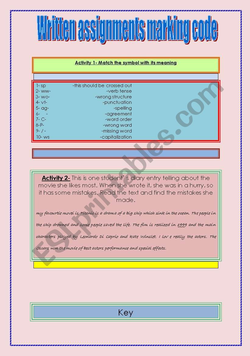 Written assignments marking code