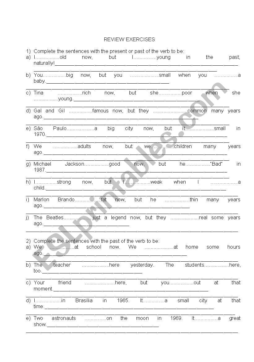 Review exercises verb to be (present and past)