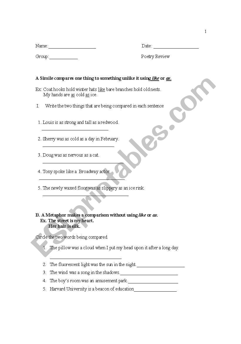 Poetry Review worksheet