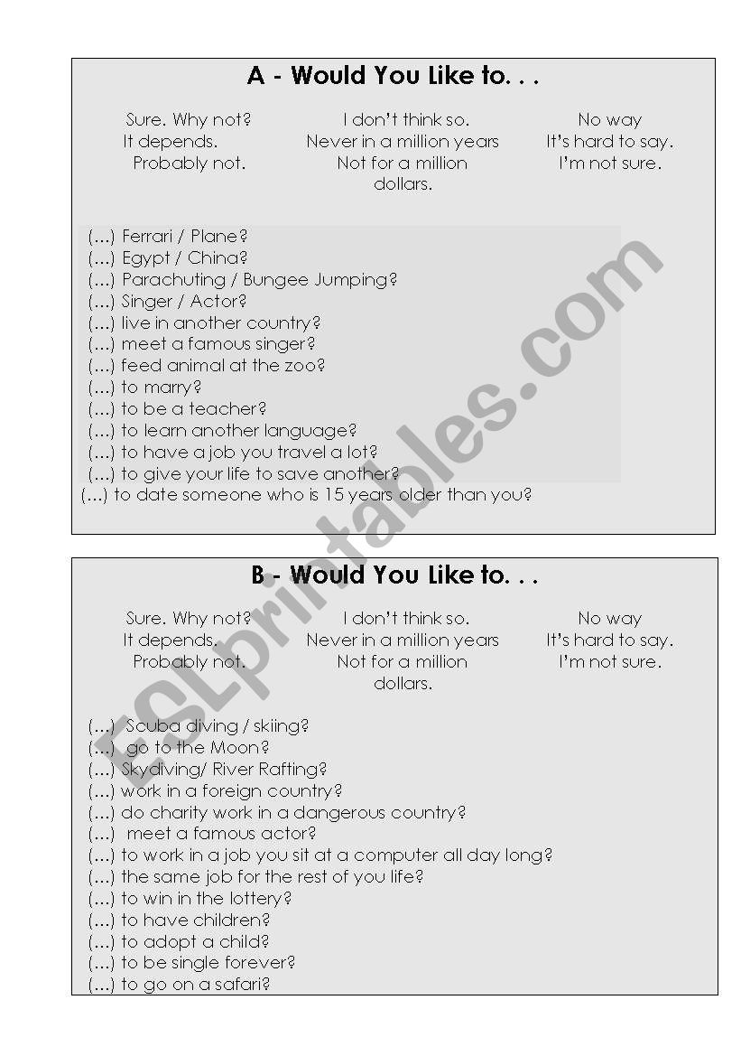 WOULD YOU LIKE TO ... worksheet