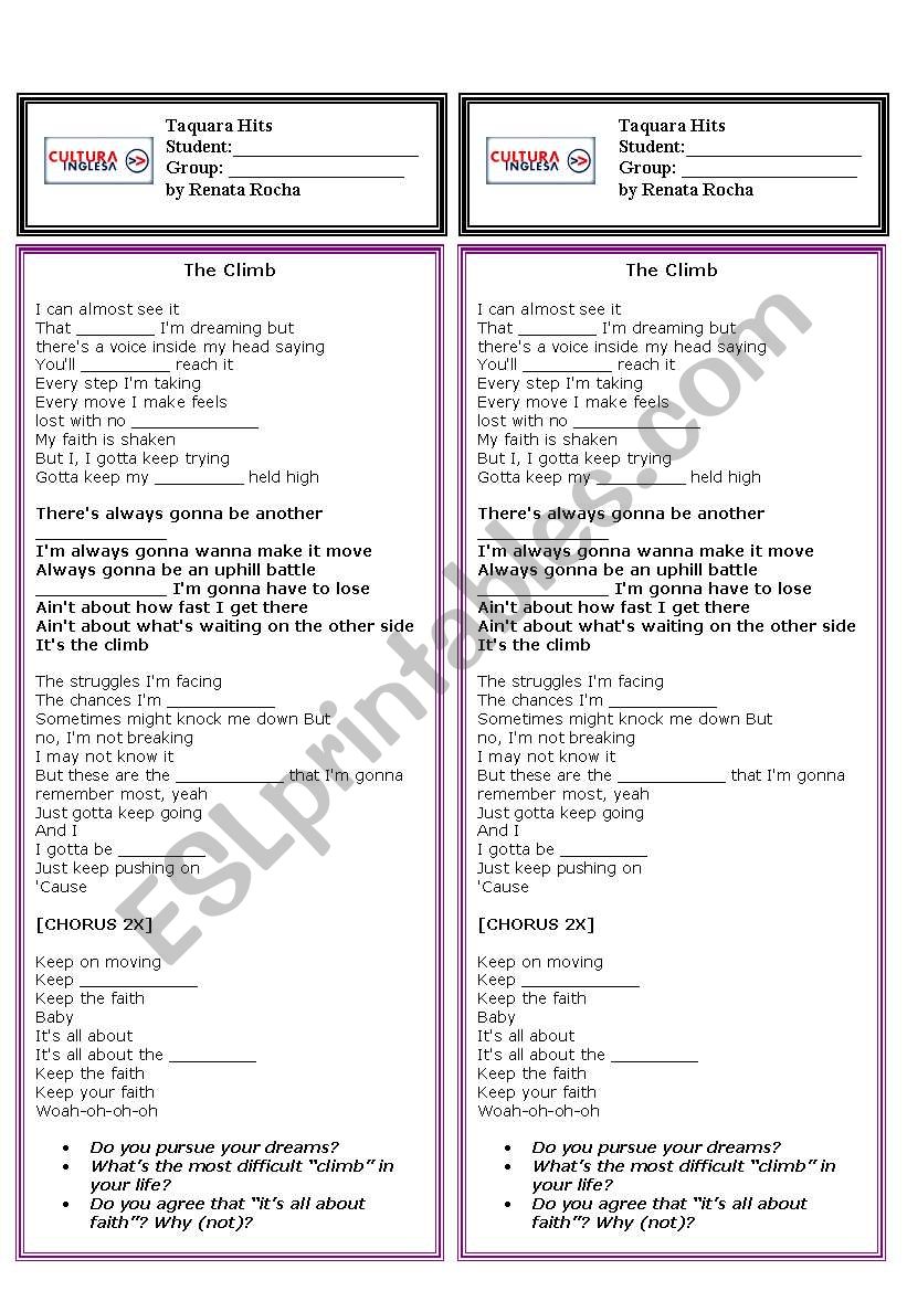 The Climb - Miley Cyrus worksheet