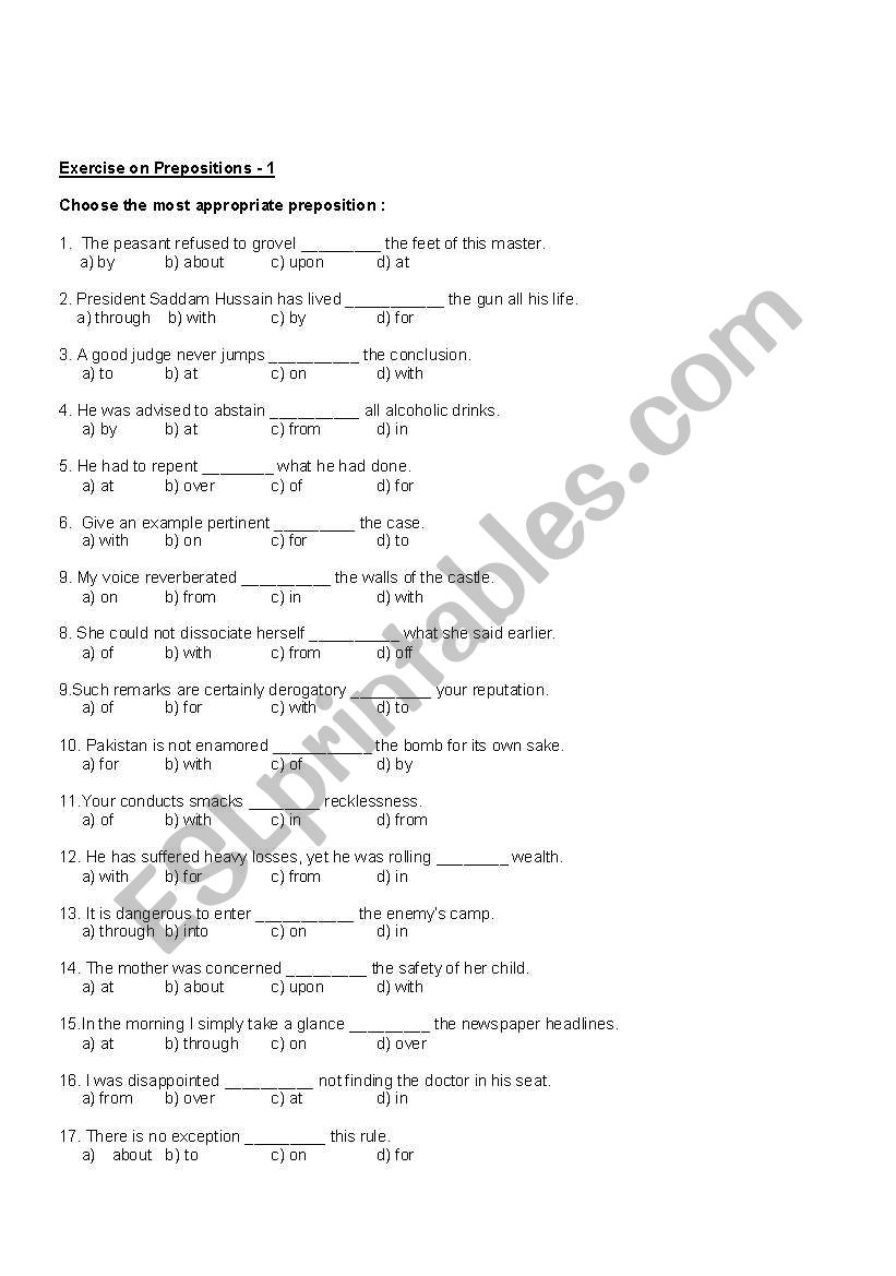 Test on Preposition worksheet