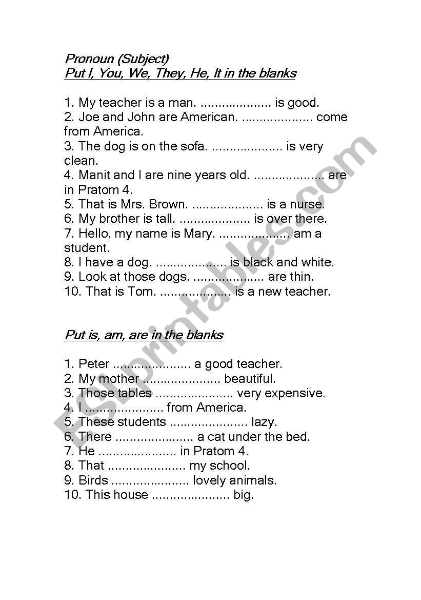 subject and verb to be worksheet