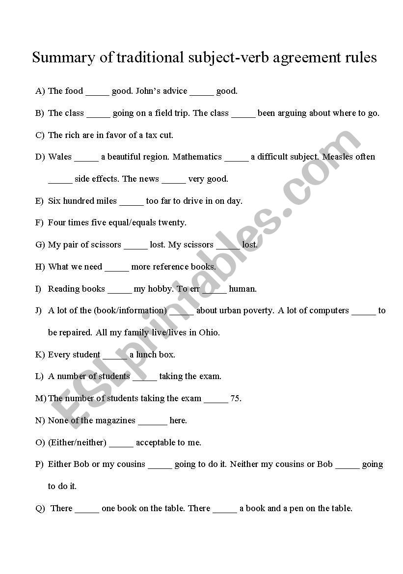 Summary of traditional subject-verb agreement rules - ESL Throughout Subject Verb Agreement Worksheet