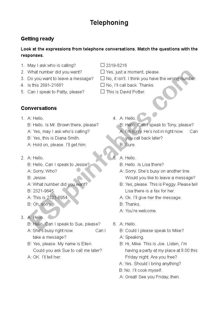 Telephoning worksheet