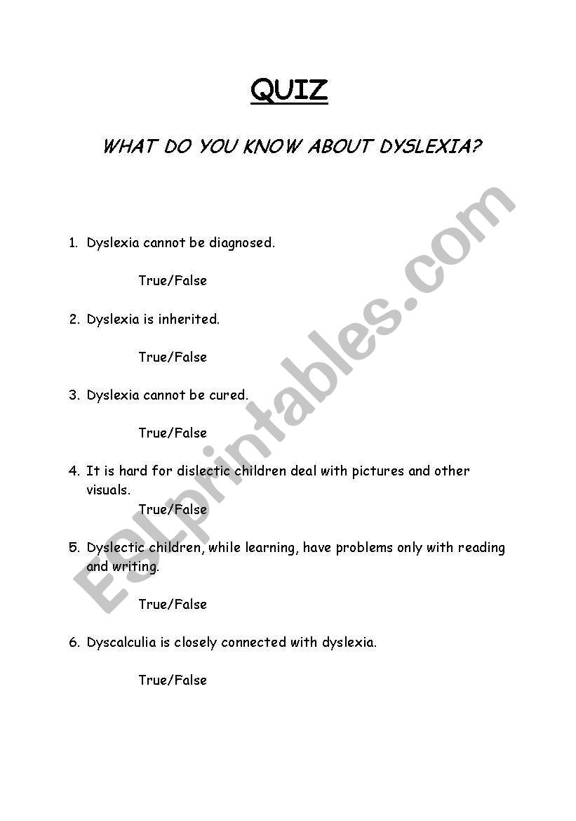 dyslexia,quiz worksheet