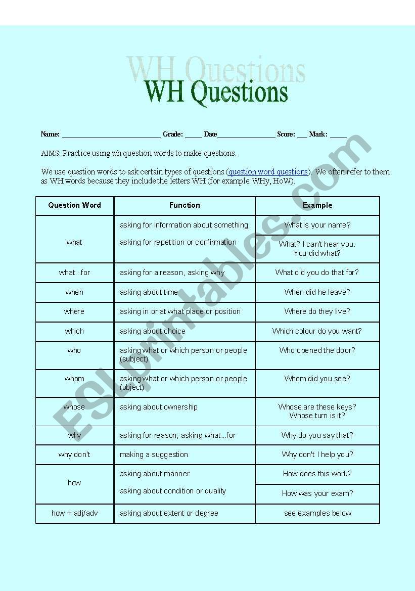 Wh question words worksheet