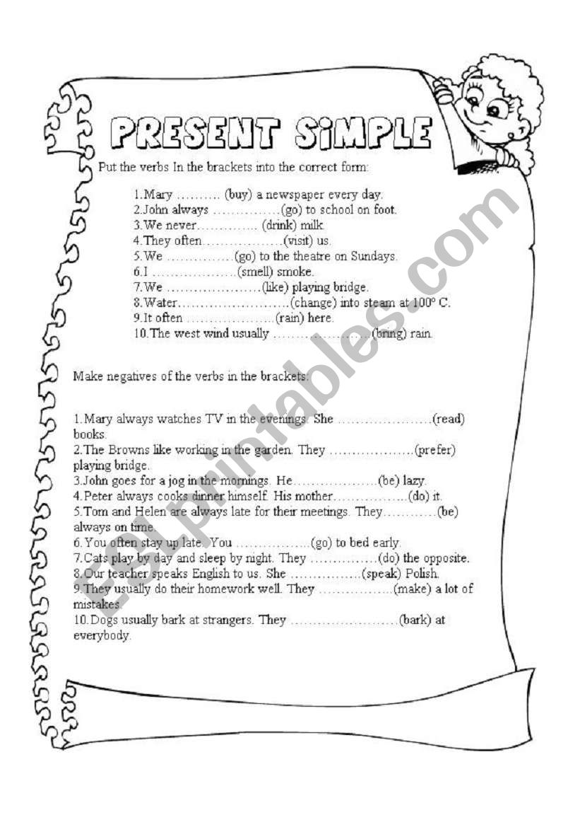 present simple exercises 2 pages- AFFIRMATIVE NEGATIVE AND QUESTIONS