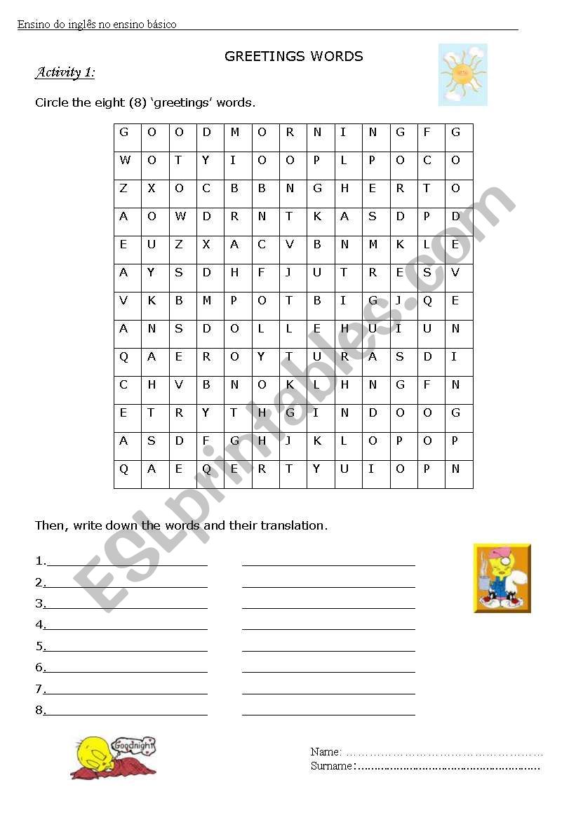 find the greetings words worksheet