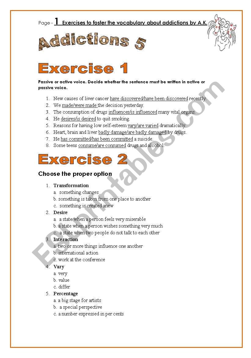 4 pages/6 exercises to teach ss vocabulary related to ADDICTIONS