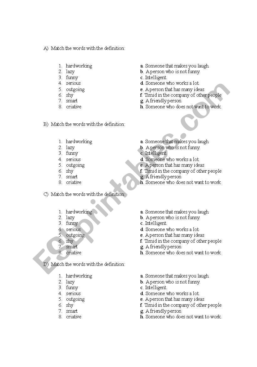 Personality adjectives worksheet