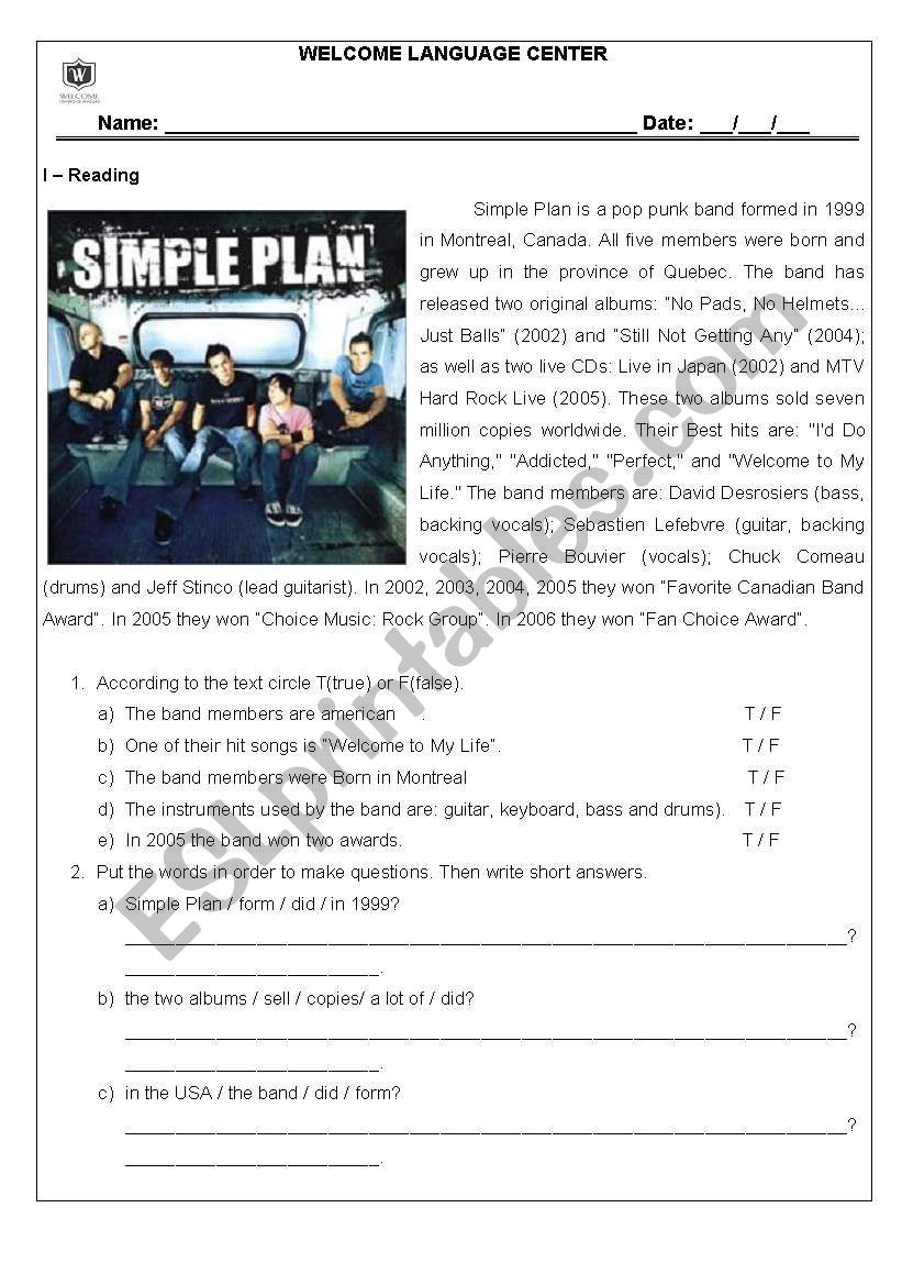 Reading - Simple Plan worksheet