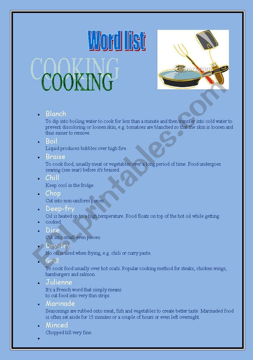 Cooking worksheet