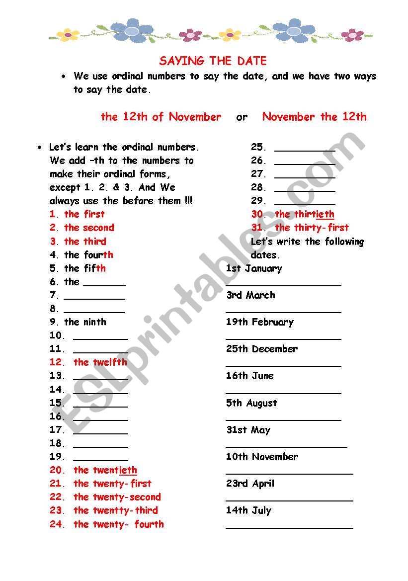 ordinal numbers and dates worksheet