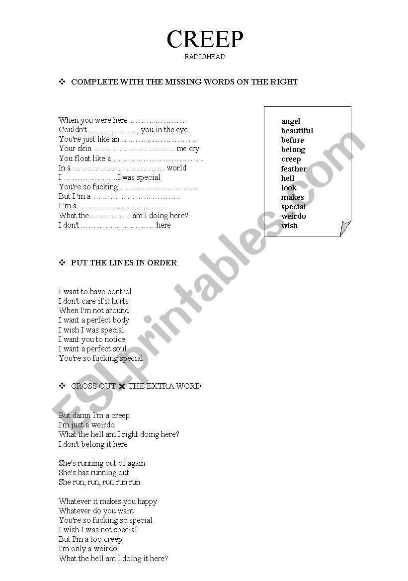 Creep - Radiohead Song worksheet