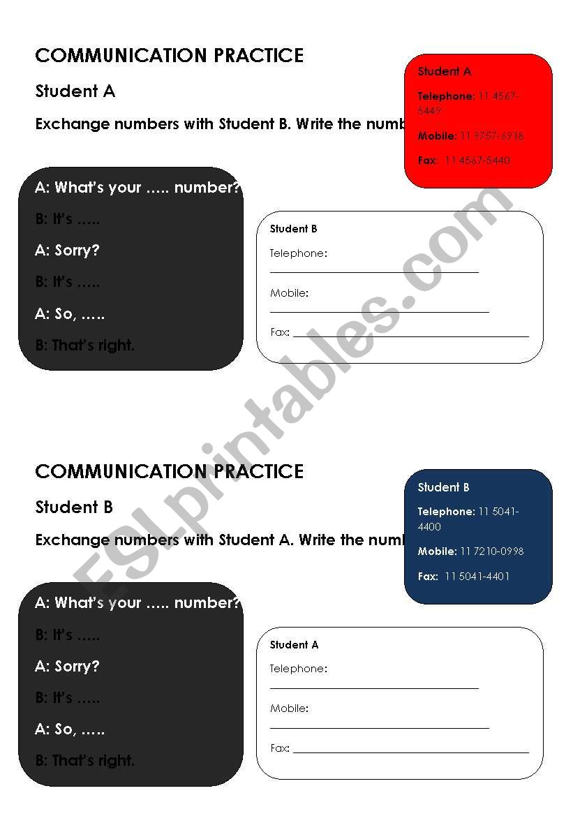 Communication Practice - Exchanging personal information - numbers