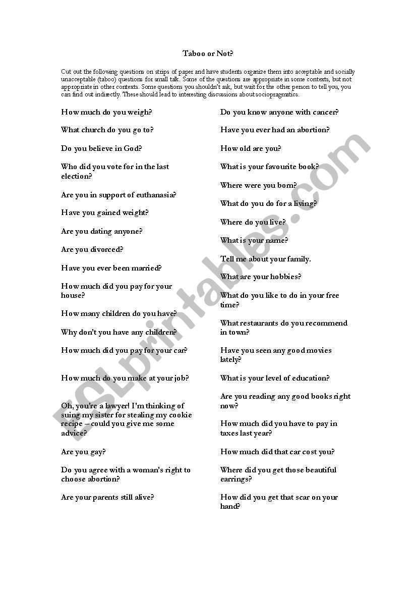 Taboo Conversations Worksheets Pdf