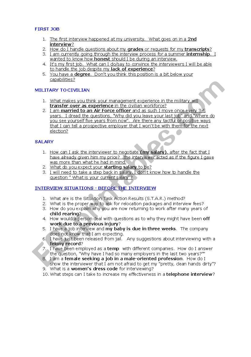 Present job interview worksheet