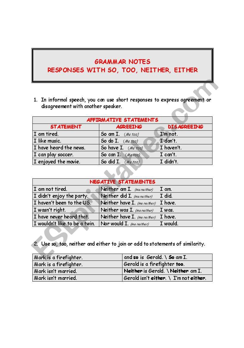 RESPONSES WITH SO, TOO, NEITHER, EITHER