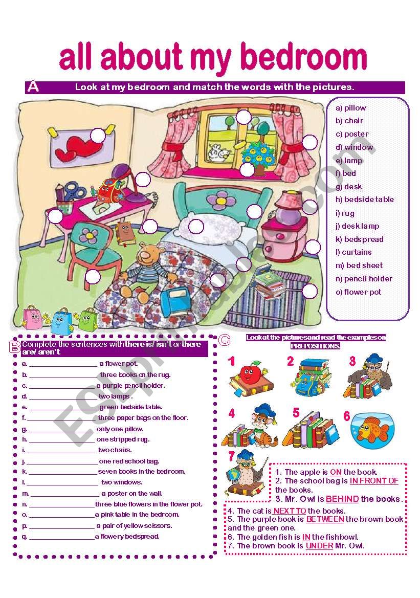 BEDROOM VOCABULARY- MATCHING- THERE IS/ARE-ISN´T/AREN´T-PREPOSITIONS-SPEAKING ACTIVITY-WRITING ACTIVITY- answer key provided.