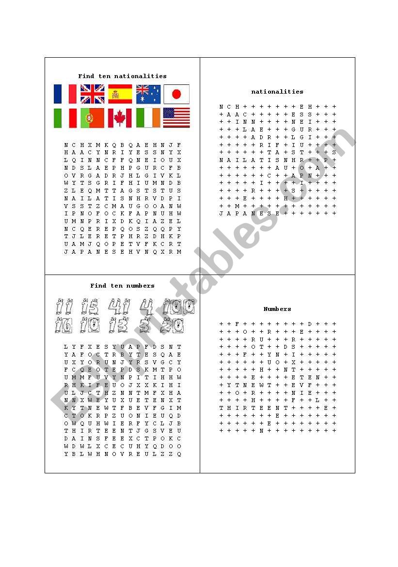 Wordsearch activities worksheet