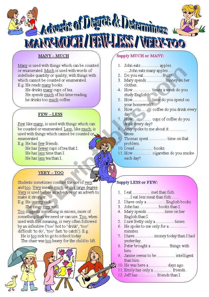 Adverbs of Degree & Determiners - MANY-MUCH/FEW-LESS/VERY-TOO - (( definition & 60 exercises to complete )) - elementary/intermediate - (( B&W VERSION INCLUDED ))