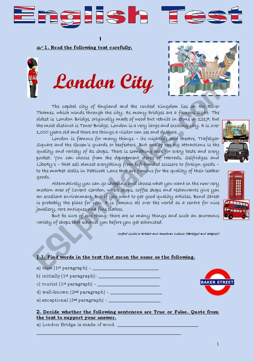 TEST - LONDON CITY (3 pages) worksheet