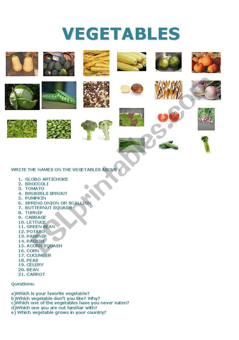 Vegetables worksheet