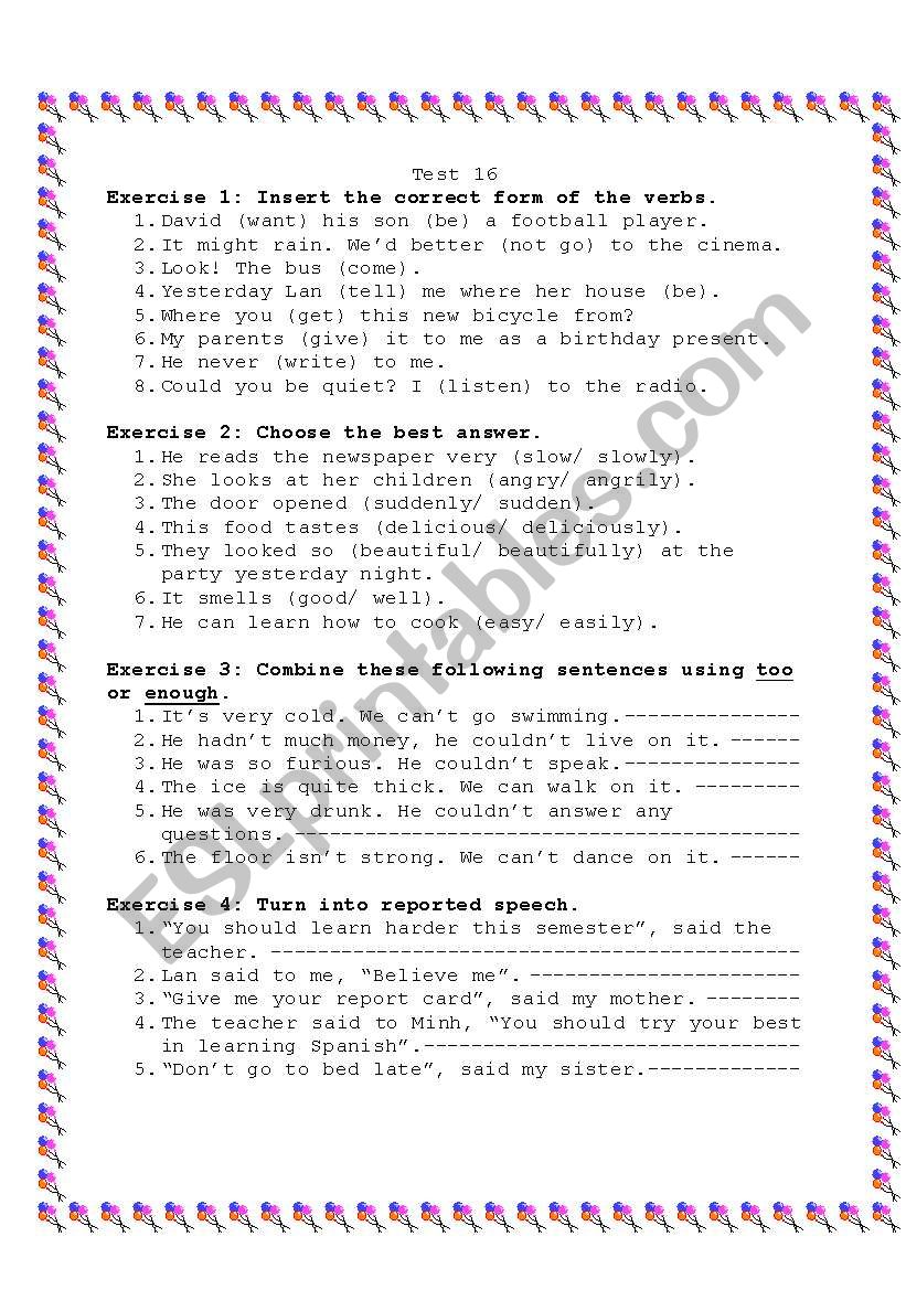 English test 16 worksheet