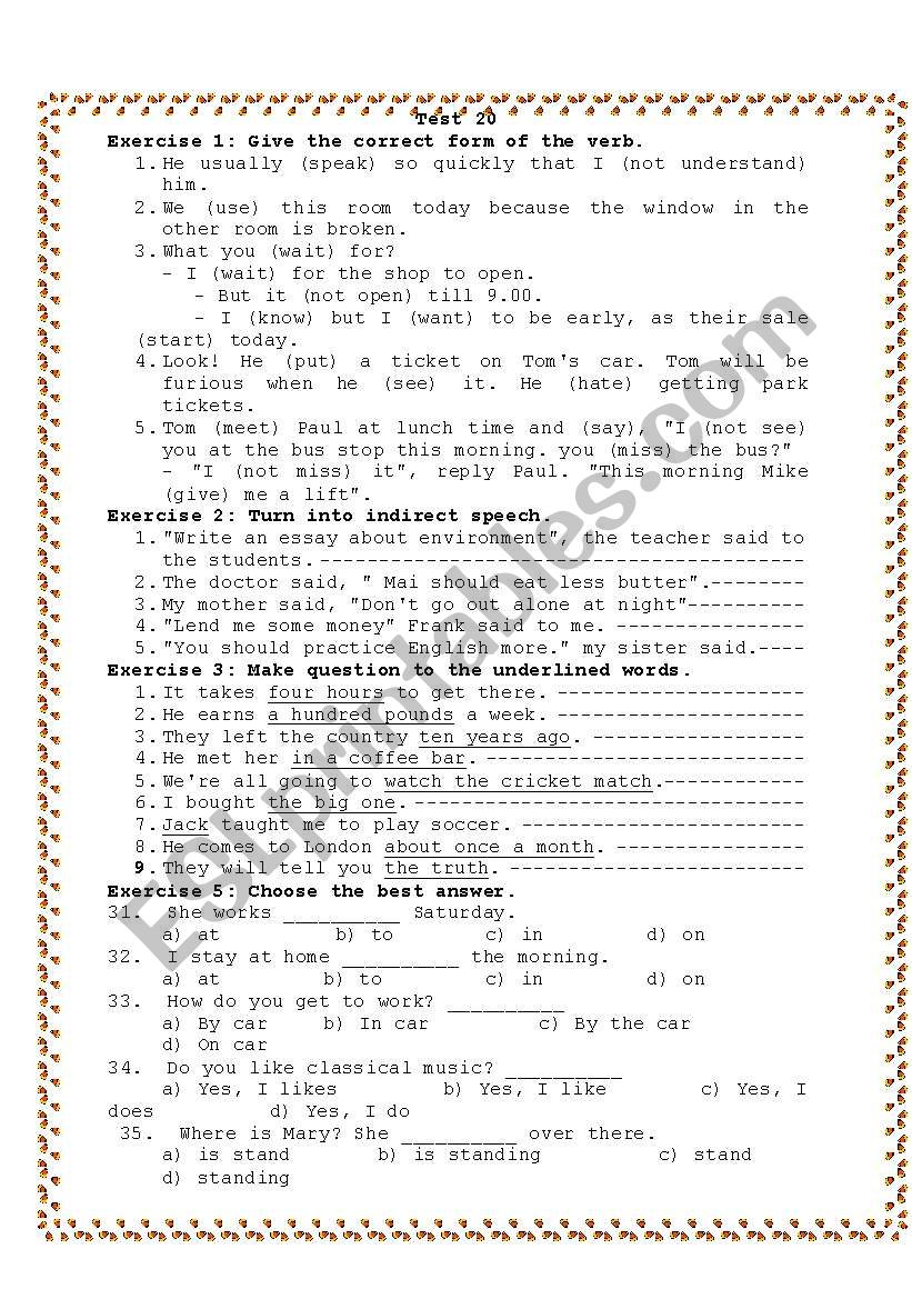 English Test 20 worksheet