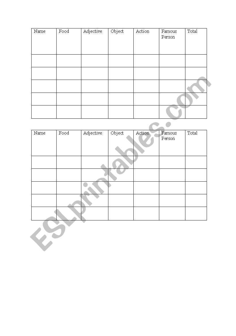 Stop Game worksheet